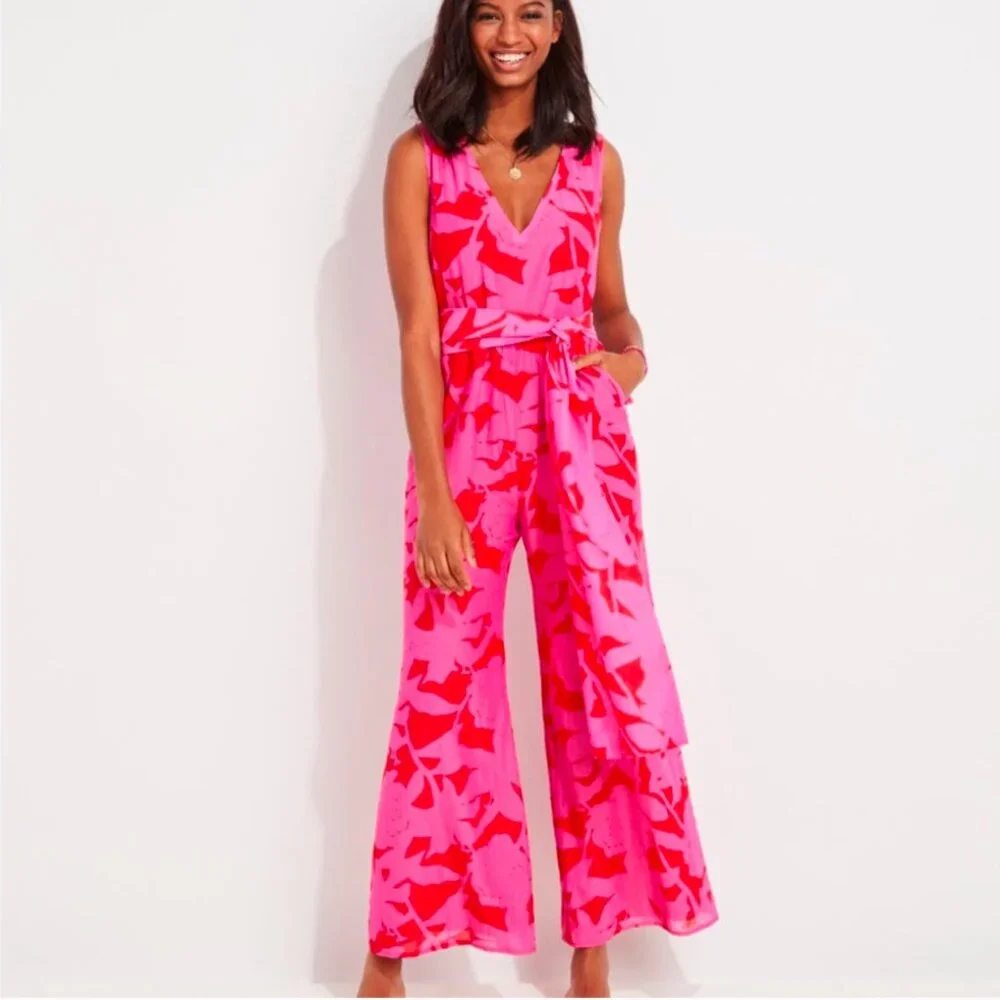 VINEYARD VINES | Tropical Floral Sleeveless Jumpsuit | Cuckoo Red Pink | Size 8 - Picture 14 of 14